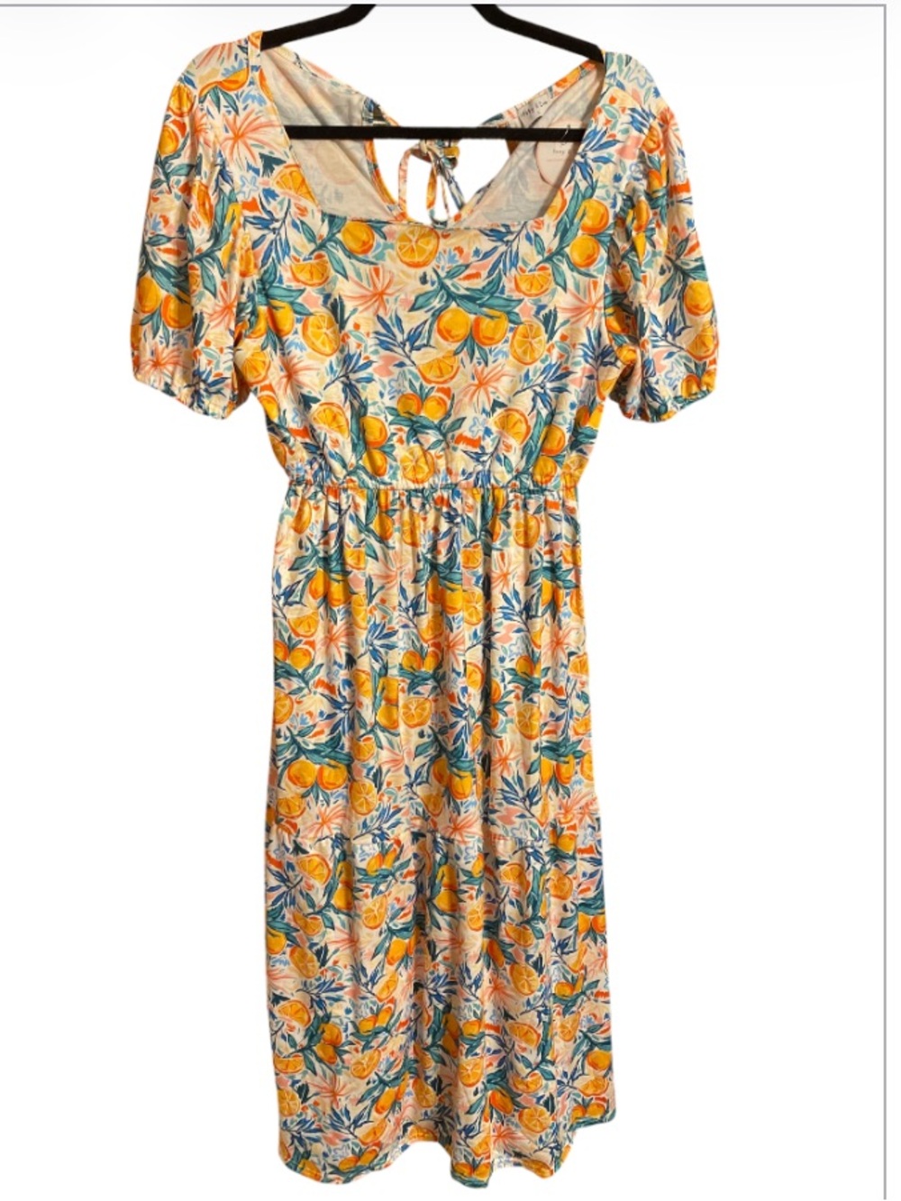 Abby & Evie Citrus Print Tie-Back Puff Sleeve Tiered Dress NWT Size Large - Picture 4 of 5